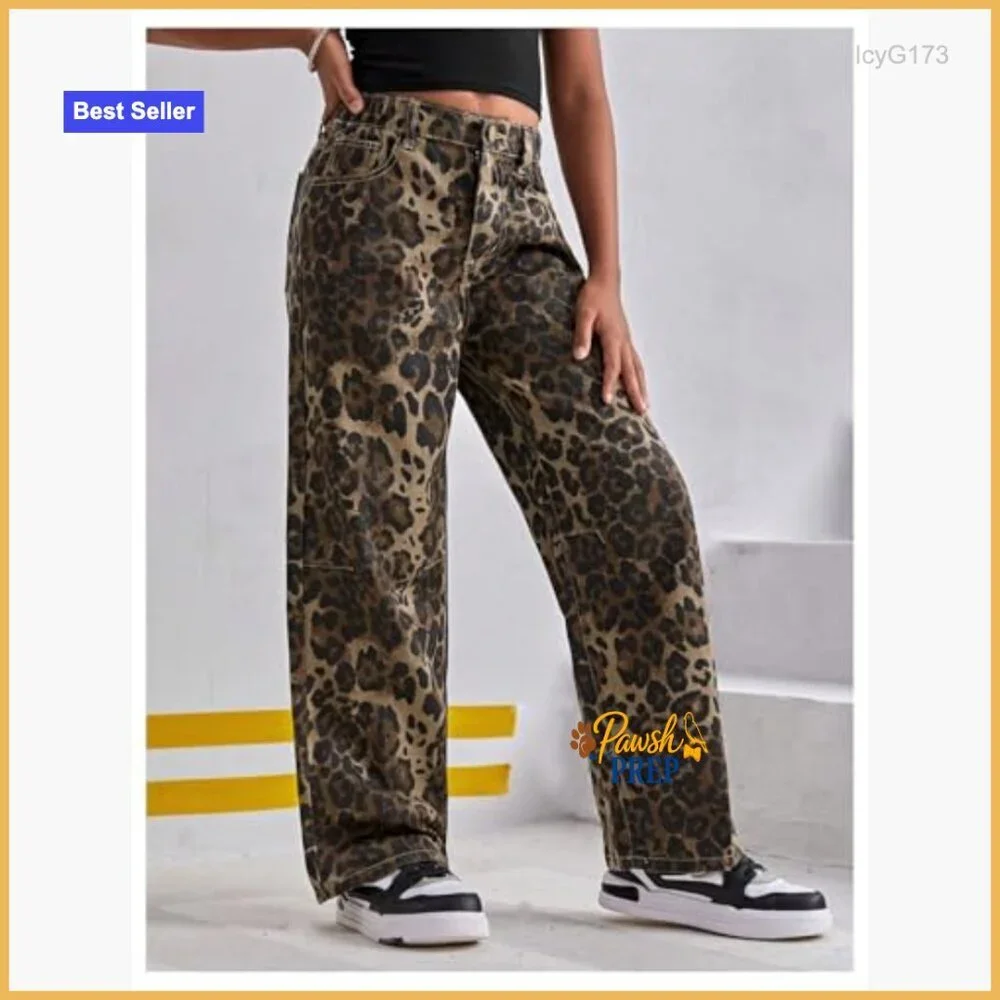 Girls Straight Leg Denim Pants High Waist Elastic Waist Cheetah Print